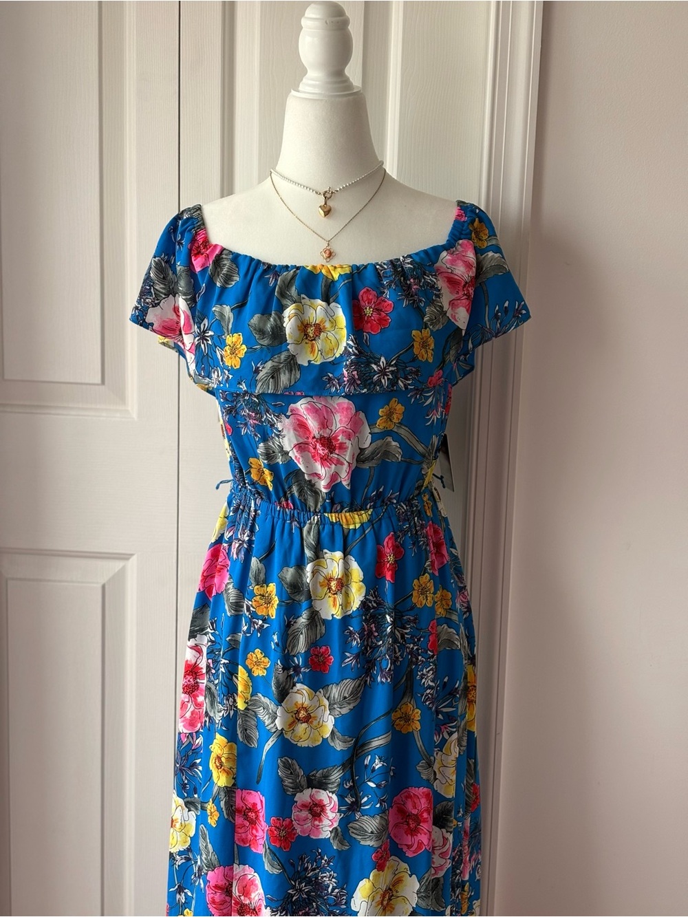 Express Blue Floral Off-Shoulder Maxi Dress with Pink & Yellow Blooms